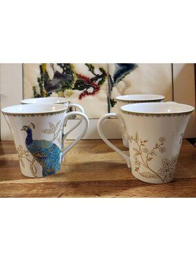 222 Fifth Peacock Garden Coffee Mugs Set of 4 Teal Blue